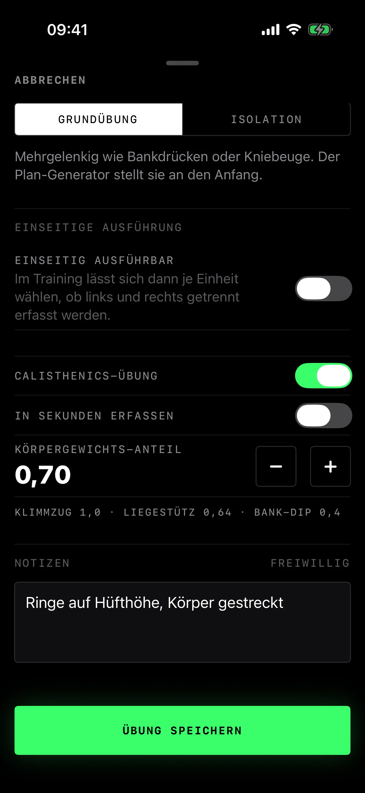 Calisthenics-Übung eingeschaltet, Körpergewichts-Anteil 0,70