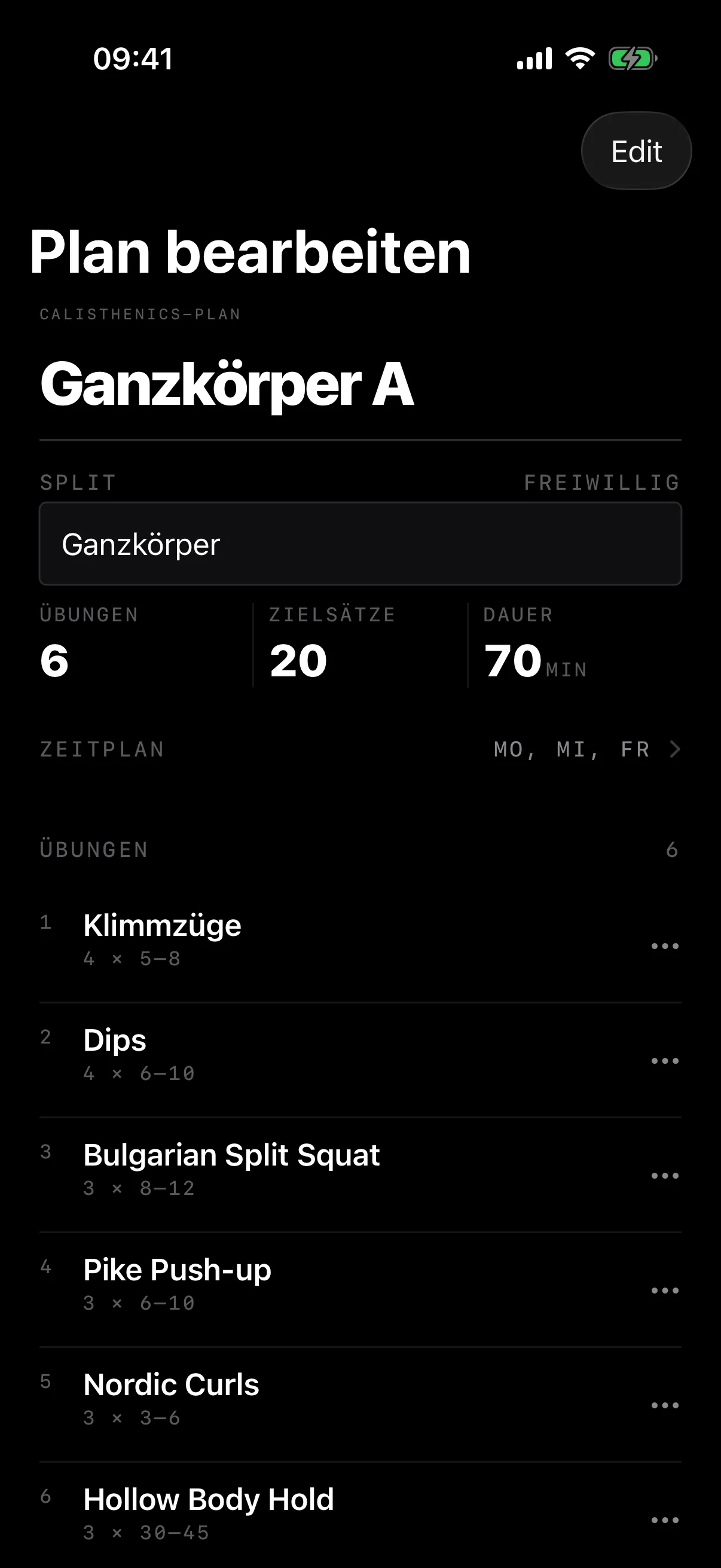 Calisthenics-Plan Ganzkörper A: Klimmzüge, Dips, Bulgarian Split Squat, Pike Push-up, Nordic Curls und Hollow Body Hold, montags, mittwochs und freitags