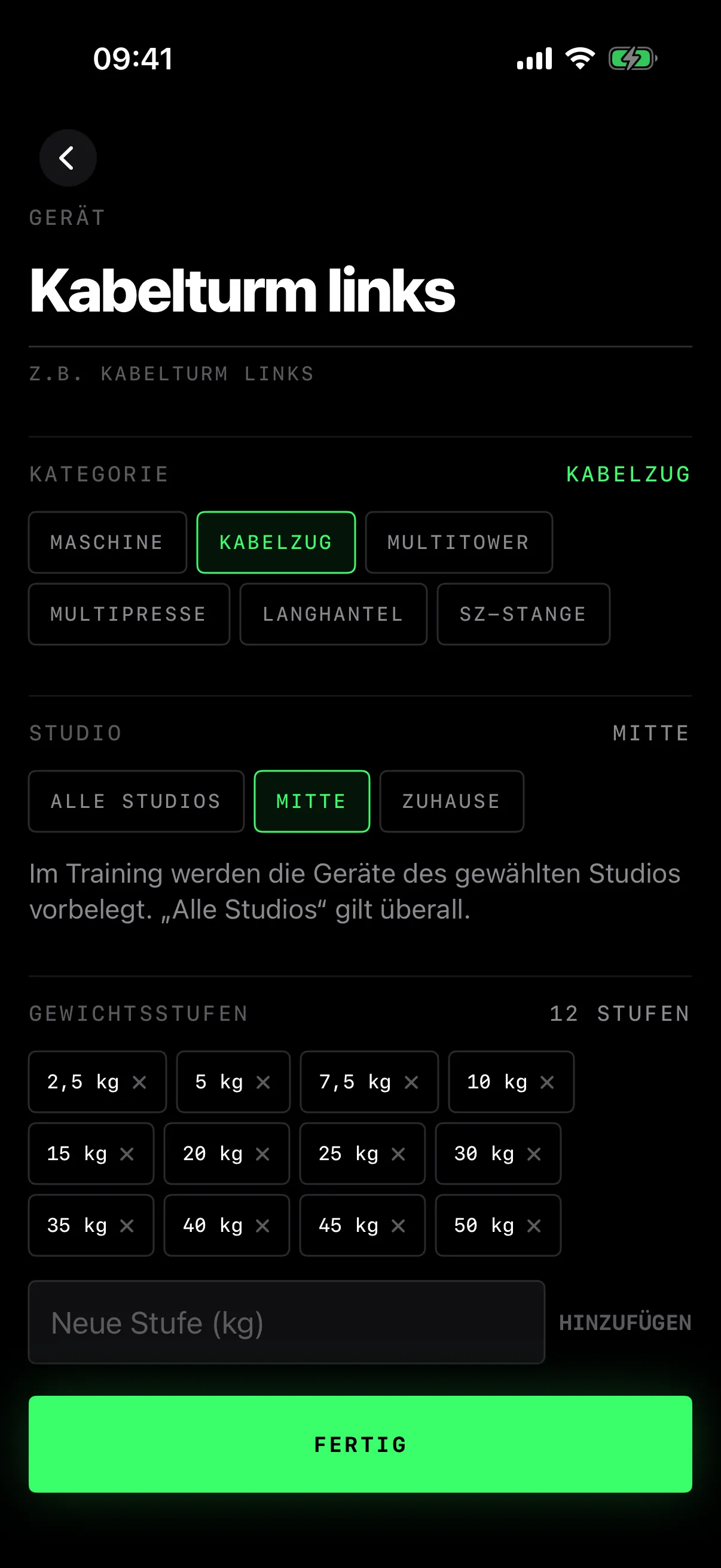 Kategorie Kabelzug und Studio Mitte für den Kabelturm links