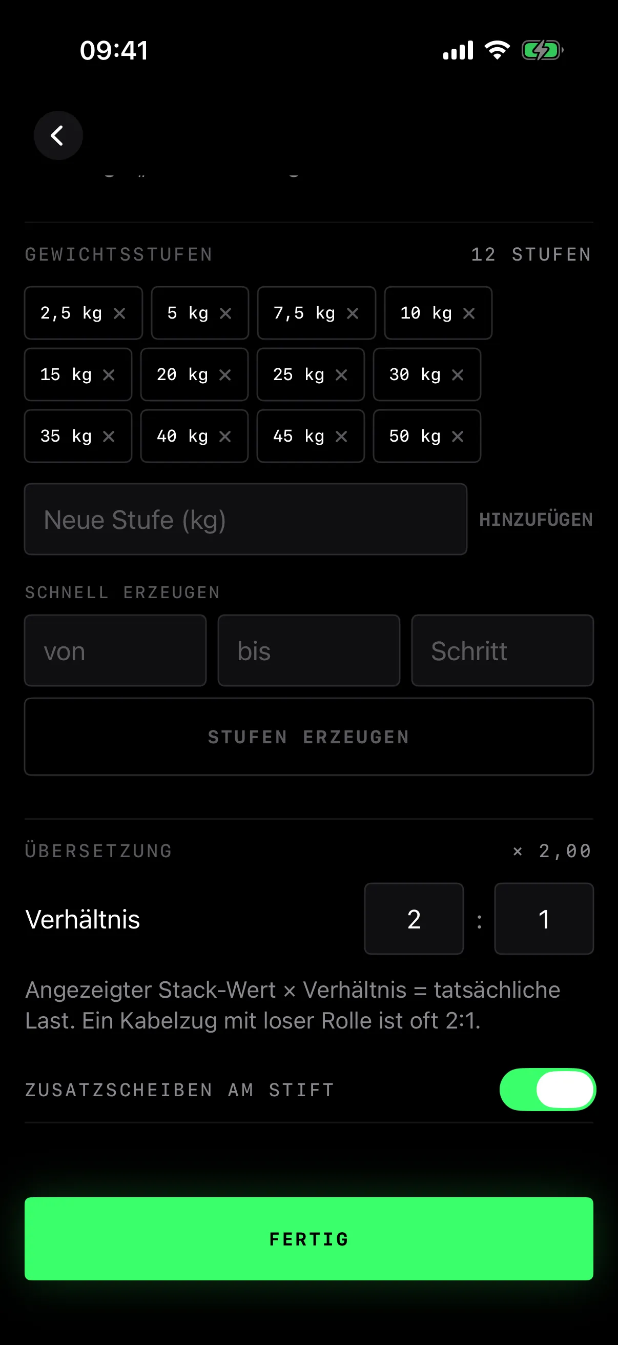Übersetzung 2 zu 1, der angezeigte Stack-Wert mal Verhältnis ergibt die echte Last