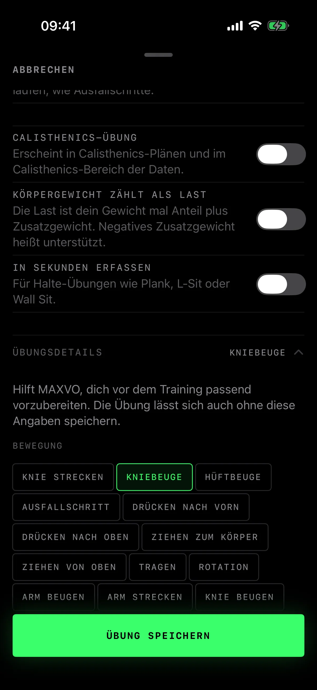 Eigene Übung, Übungsdetails aufgeklappt: Bewegung Kniebeuge ausgewählt