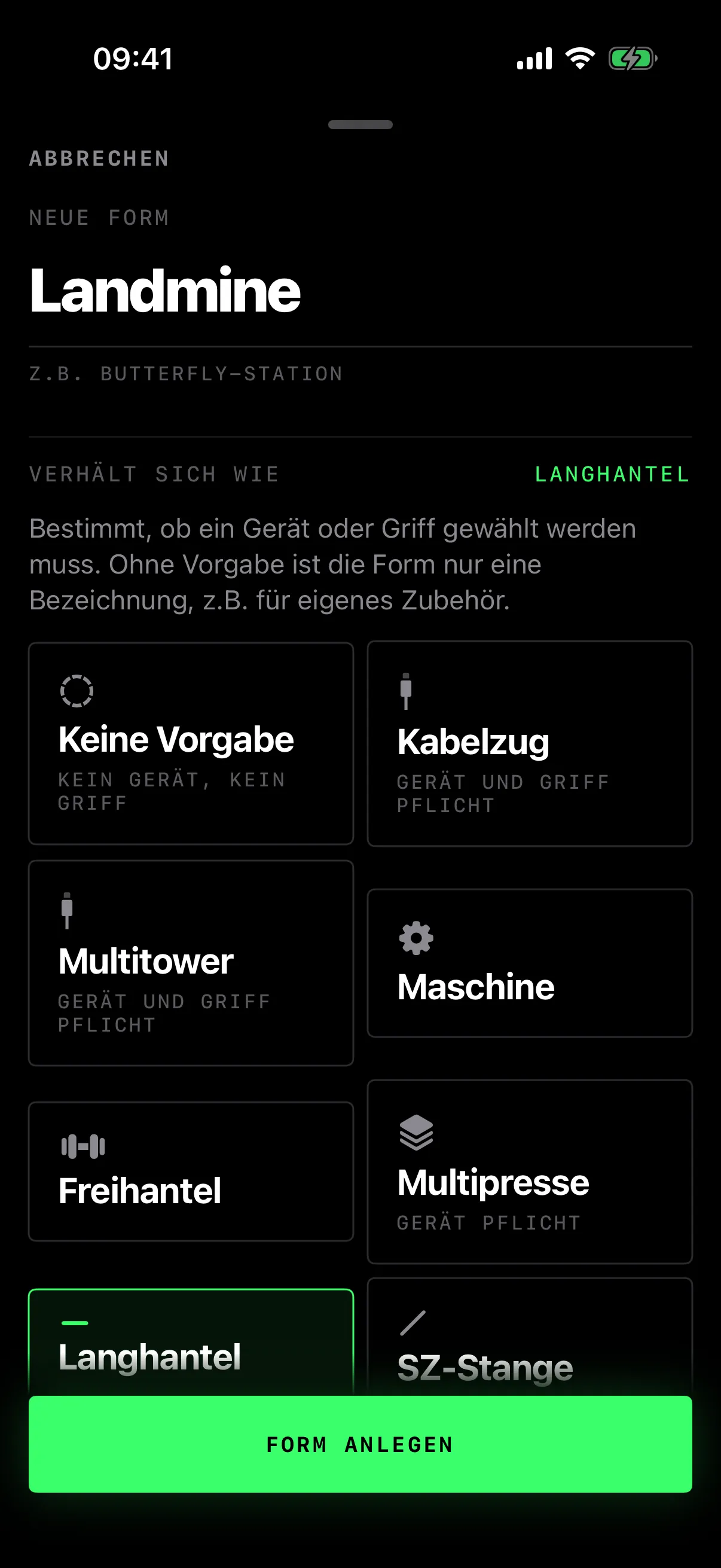 Eigene Form Landmine, verhält sich wie Langhantel