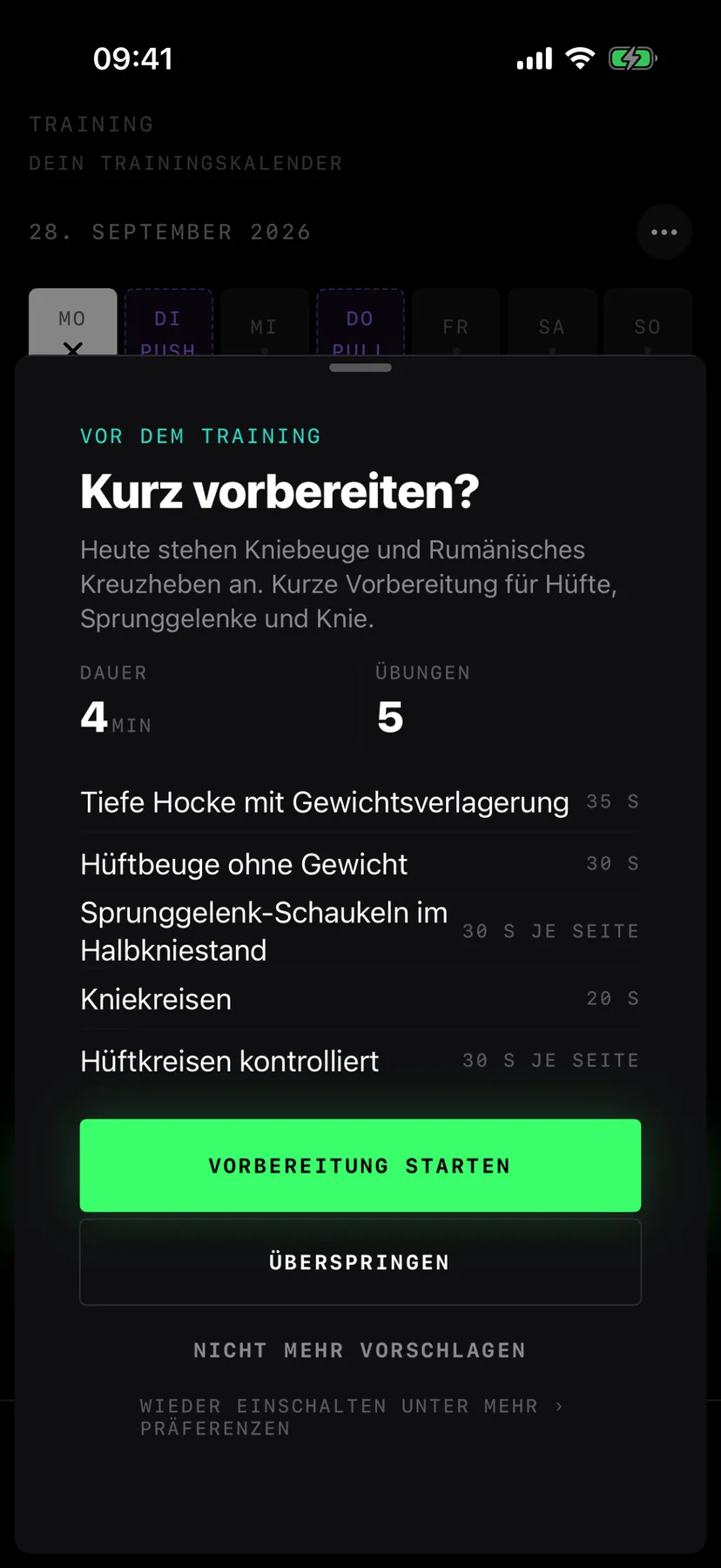 Vor dem Beintraining: Kurz vorbereiten? Heute stehen Kniebeuge und Rumänisches Kreuzheben an, vier Minuten, fünf Übungen, mit Vorbereitung starten, Überspringen und Nicht mehr vorschlagen
