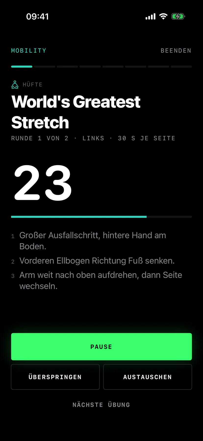 Geführter Mobility-Timer: World's Greatest Stretch, Runde 1 von 2, links, noch 23 Sekunden