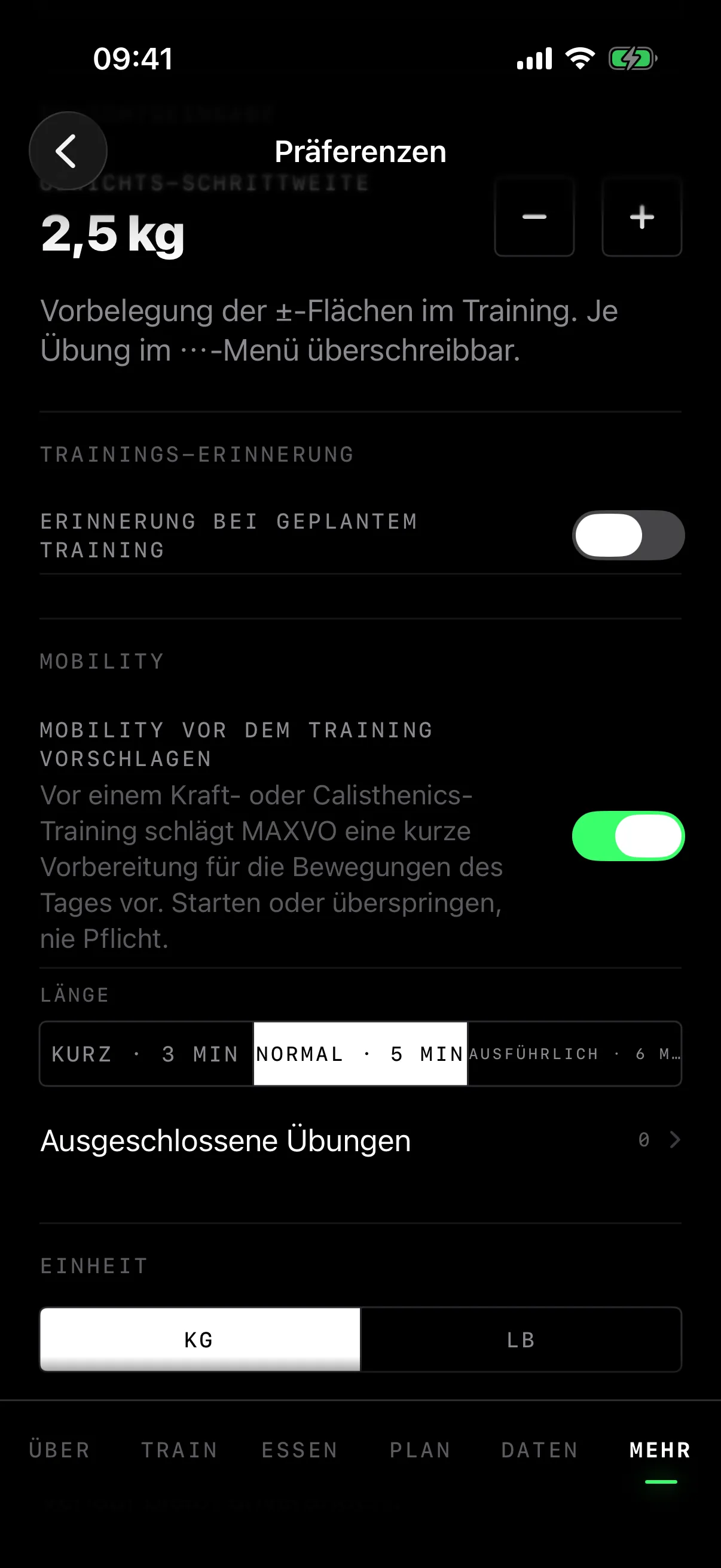 Präferenzen: Schalter Mobility vor dem Training vorschlagen und Wahl der Länge
