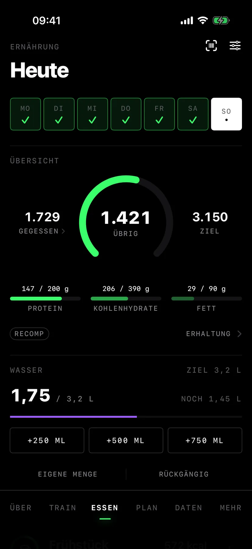 Ernährung heute: 1.421 kcal übrig von 3.150, Protein, Kohlenhydrate, Fett und Wasserzähler