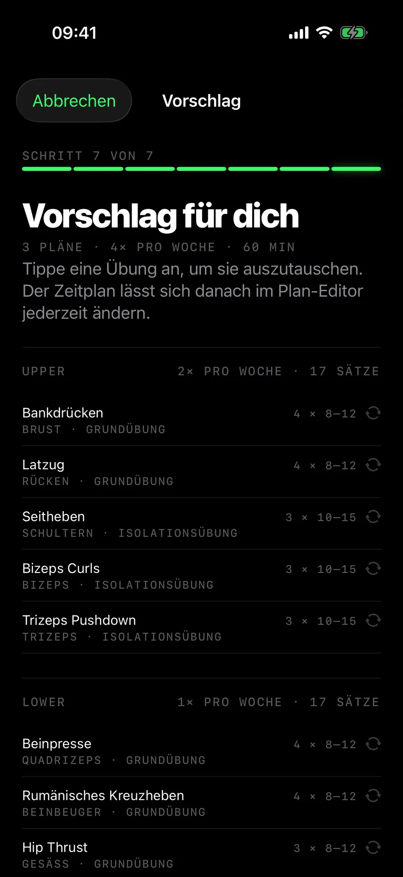 Plan-Generator, Vorschlag mit Übungen, Sätzen und Wiederholungen je Tag