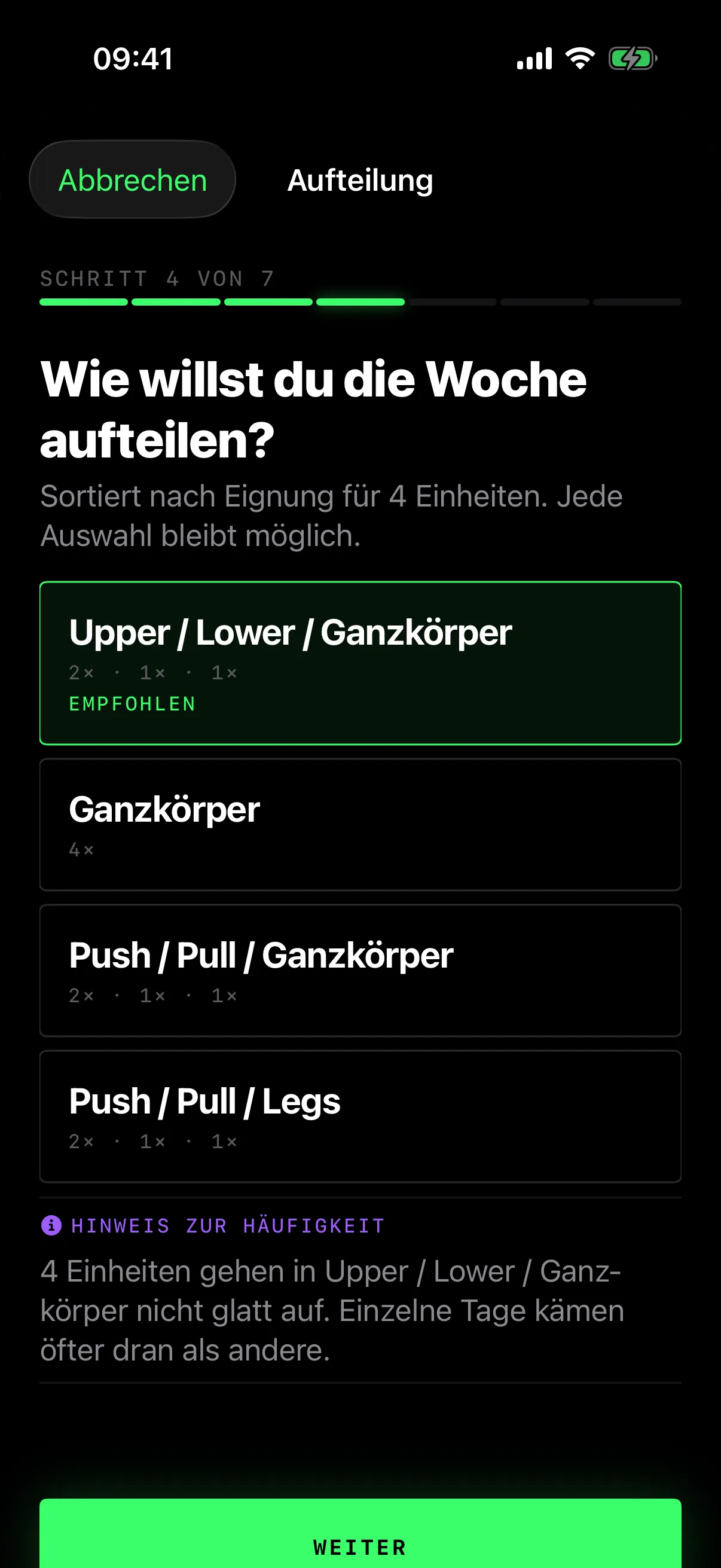 Empfohlene Aufteilung Upper, Lower, Ganzkörper