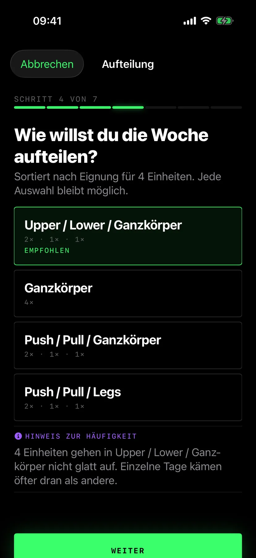 Plan-Generator, Schritt Aufteilung: Upper/Lower/Ganzkörper ist empfohlen