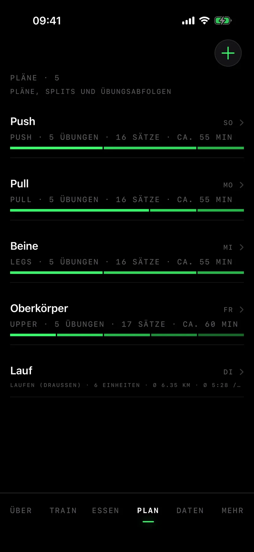 Planliste mit Push, Pull, Beine, Oberkörper und Lauf samt Muskelverteilung