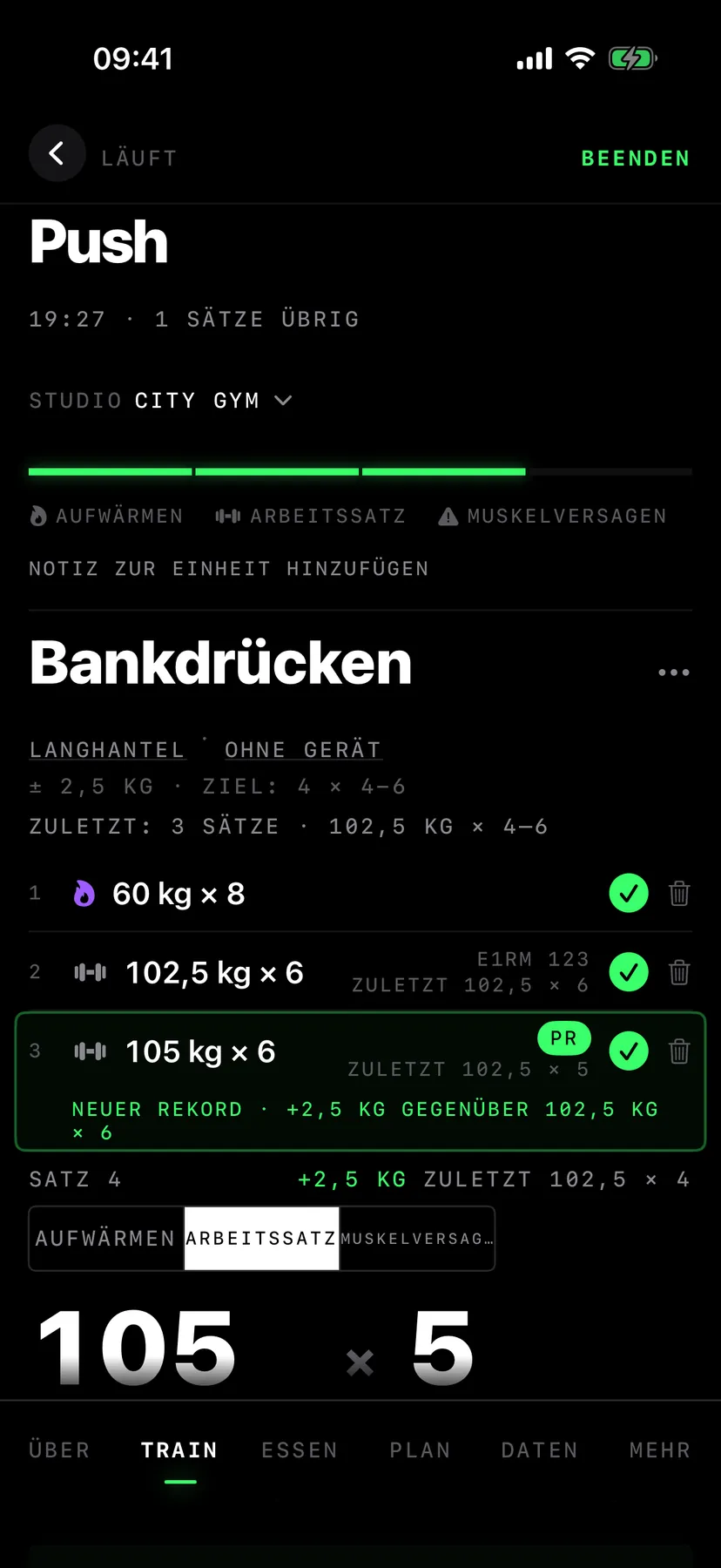 Neuer Rekord: der Satz 105 kg mal 6 leuchtet grün, 2,5 kg mehr als letztes Mal