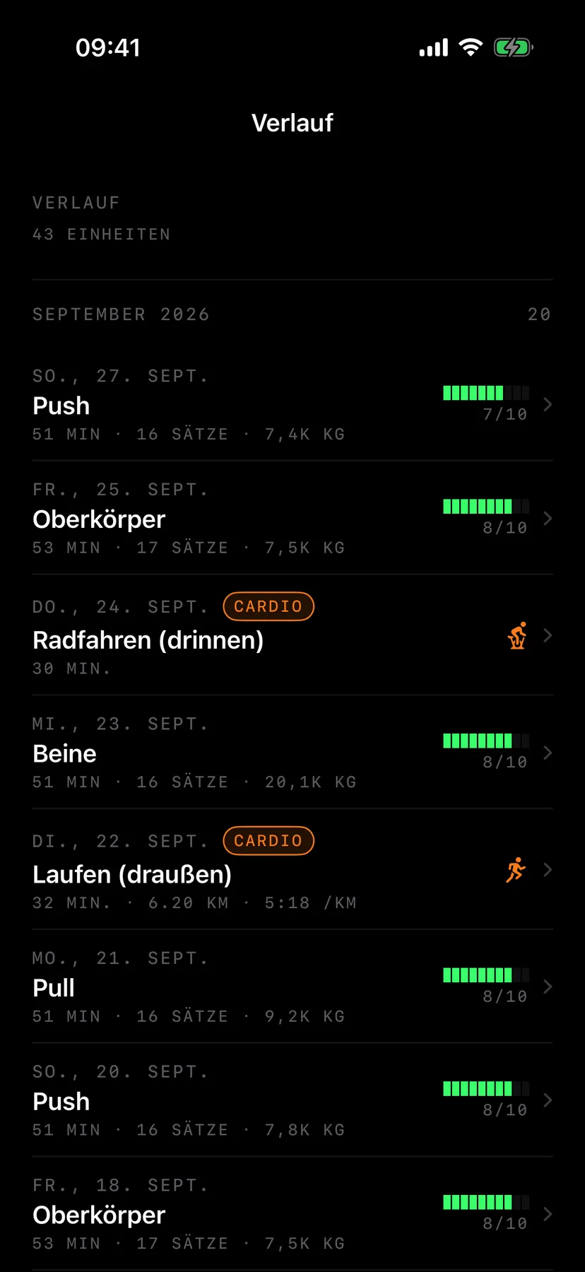 Verlauf aller Einheiten nach Monaten, mit Bewertung und Cardio