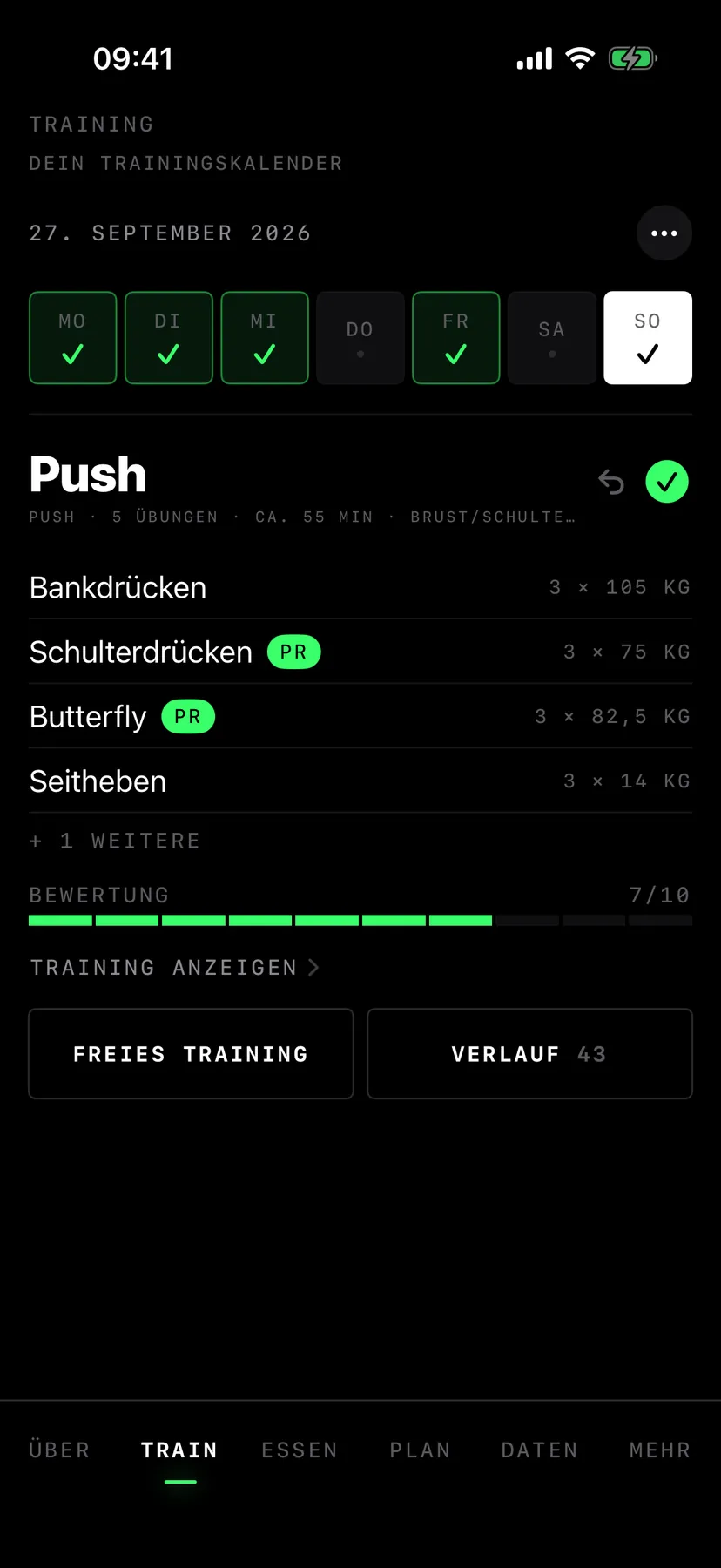 Trainingskalender: Wochenstreifen mit erledigten Tagen und die heutige Push-Einheit mit Rekorden