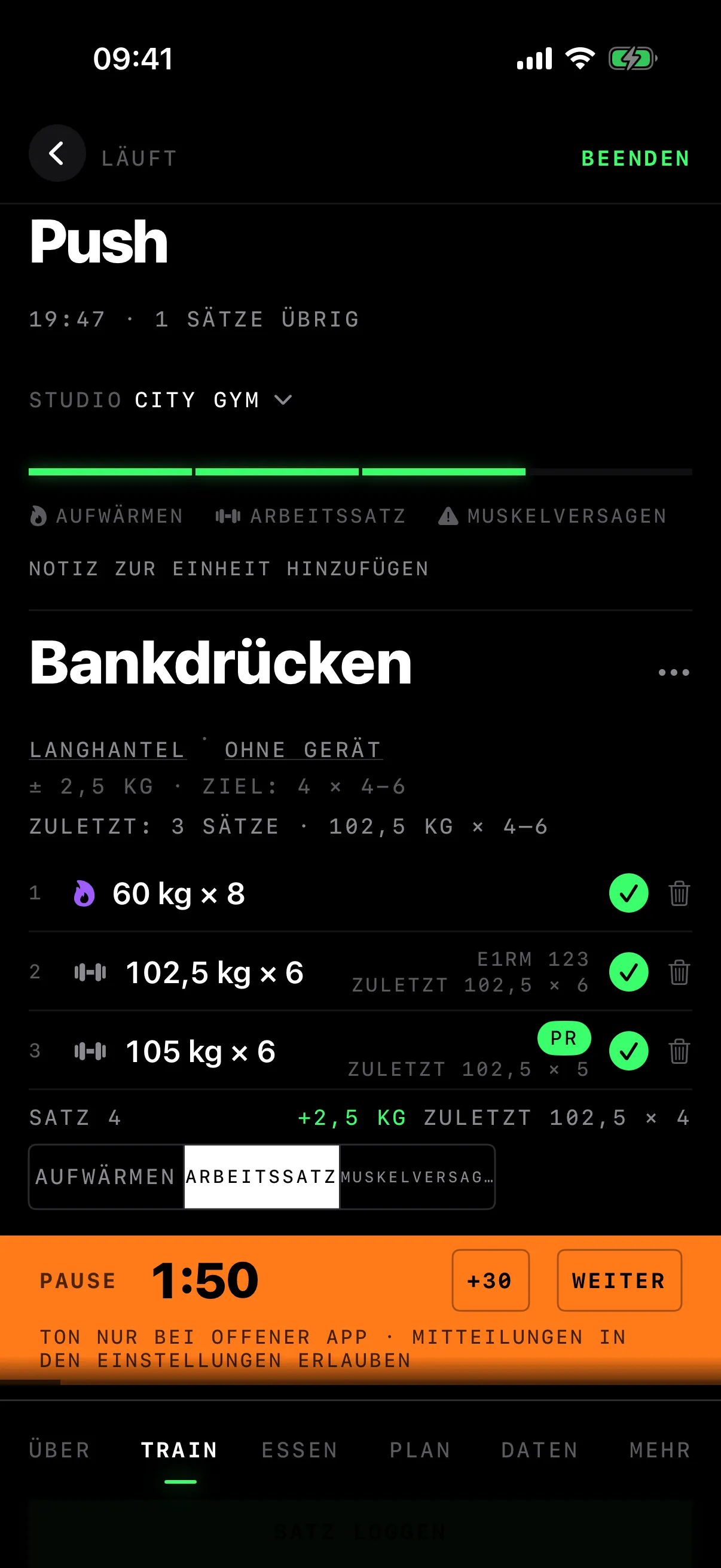 Oranger Pausen-Timer bei 1:50 mit plus 30 und weiter