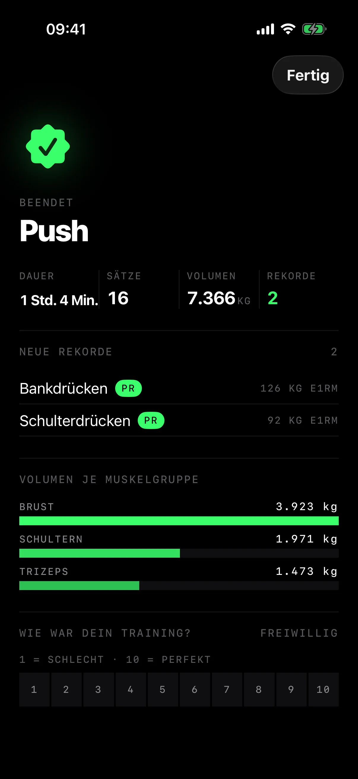 Zusammenfassung: 1 Stunde 4 Minuten, 16 Sätze, 7.366 kg Volumen, 2 Rekorde