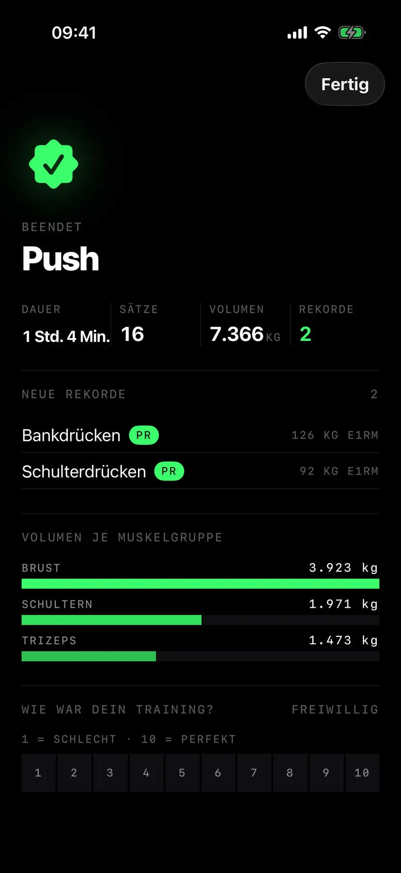Abschluss einer Einheit: Dauer, Sätze, Volumen, zwei neue Rekorde und Volumen je Muskelgruppe
